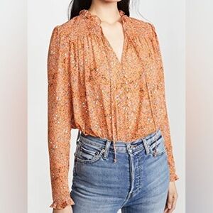 Free People Lela Floral Smocked Ruffle Blouse in Coral Sz XS
